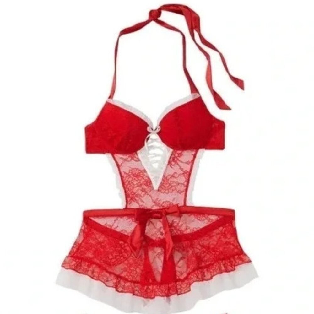 New! Victoria’s Secret Very Sexy Red White Candy Cane Apron Lingerie 4333